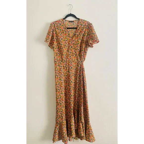 Floral Wrap Maxi Dress With Ruffled Hem & Short Sleeves By Prettygarden Size L - Picture 1 of 9